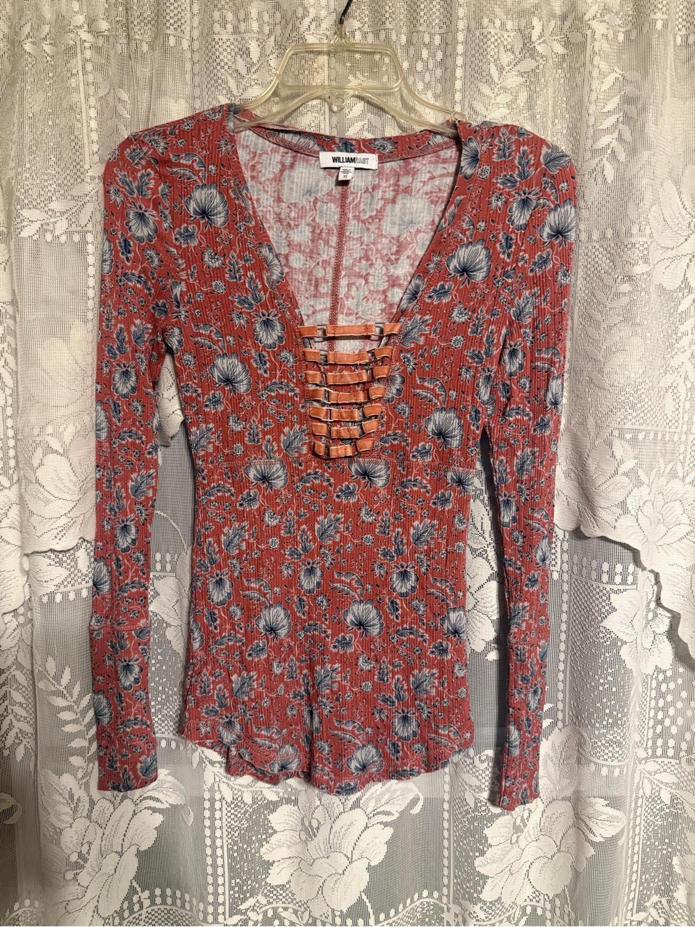 William Rast "Phoebe" Floral Lace-Up Ribbed Henley Top - Size- XS